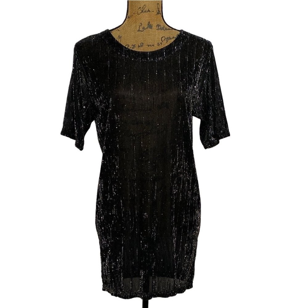 Exclusively Misook S‎ Tunic Top Blouse Elegant Party Black Silver Metalic Ribbed